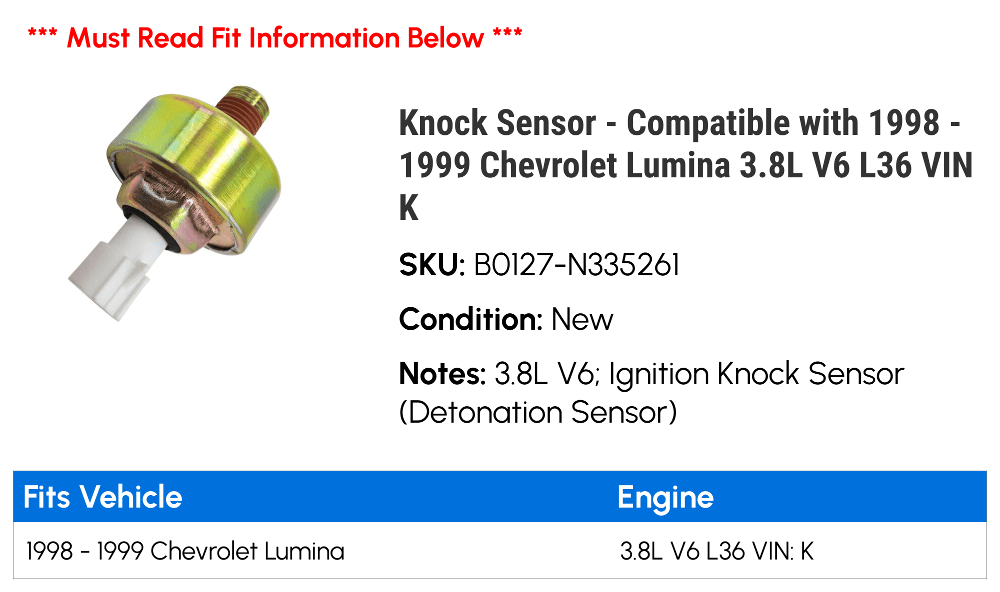 Knock Sensor - Compatible with 1998 - 1999 Chevy Lumina 3.8L V6 L36 VIN K
