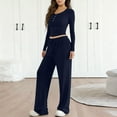 thumbnail image 4 of FRSASU Women's 2 Piece Outfits Lounge Sets Spring Long Sleeve Button Slim Tops Wide Leg Drawstring Pants Casual Matching Set Navy, 4 of 8