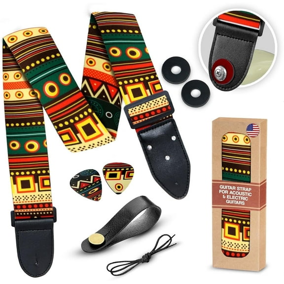 Art Tribute Adjustable Guitar Strap with Pick Pocket 2 Strap Locks and 2 Picks for Electric, Bass & Acoustic Guitars - Aztec
