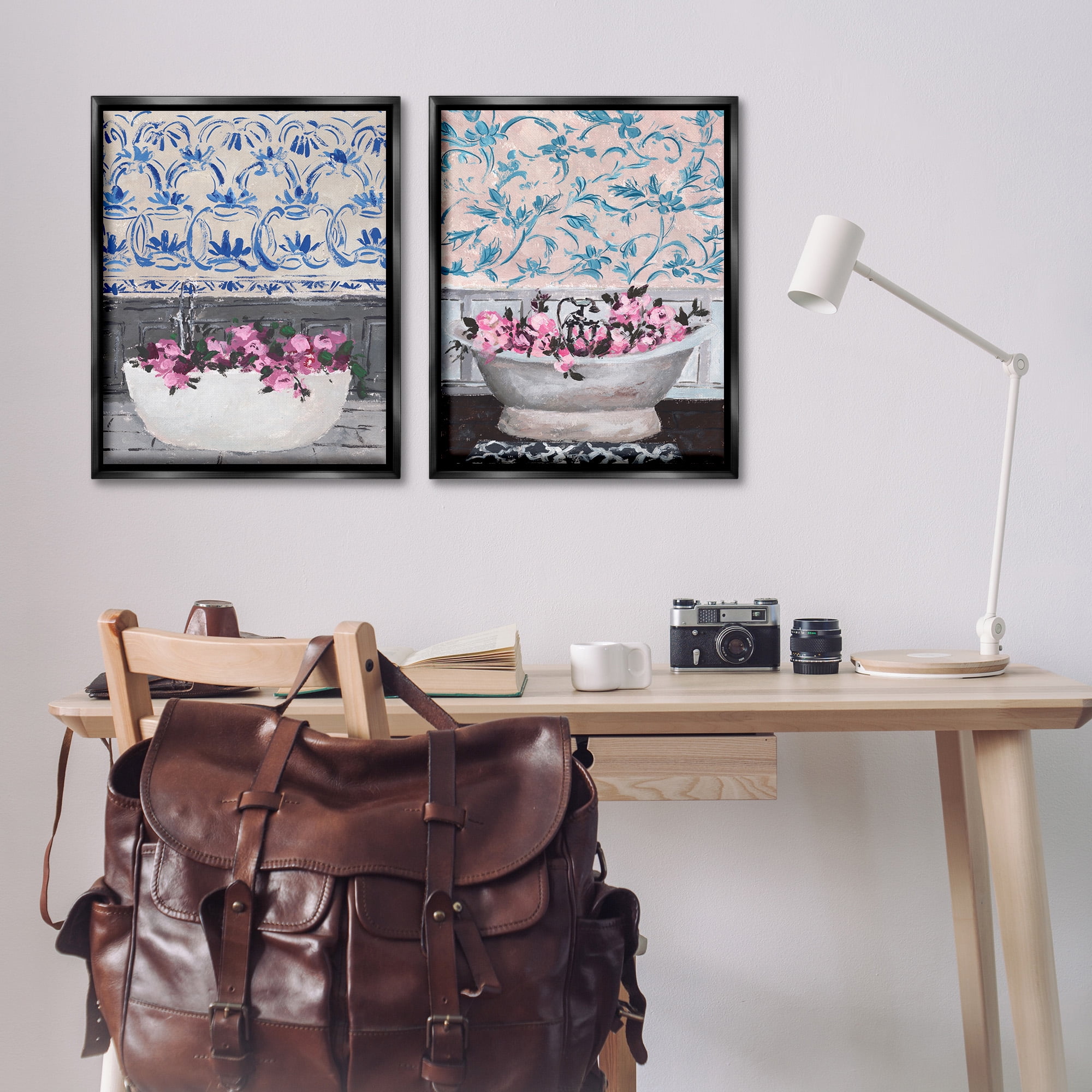 Stupell Industries Flowers In Bath Tub Interior Design Botanical & Floral Painting Black Floater Framed Canvas Art Print Wall Art, 25 x 31, Set of 2