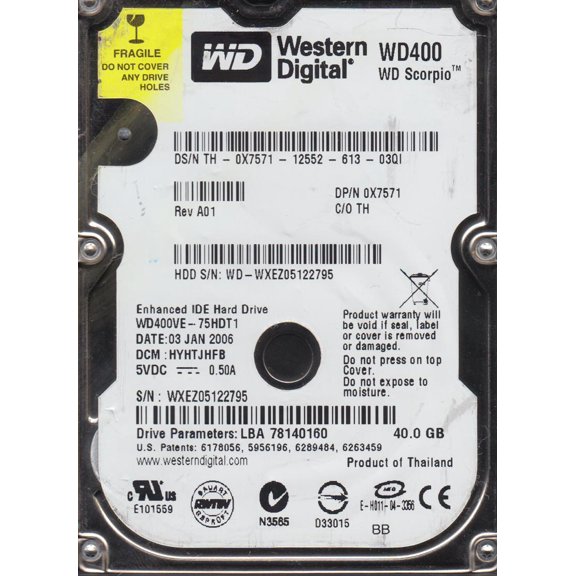 WD400VE-75HDT1, DCM HYHTJHFB, Western Digital 40GB IDE 2.5 Hard Drive