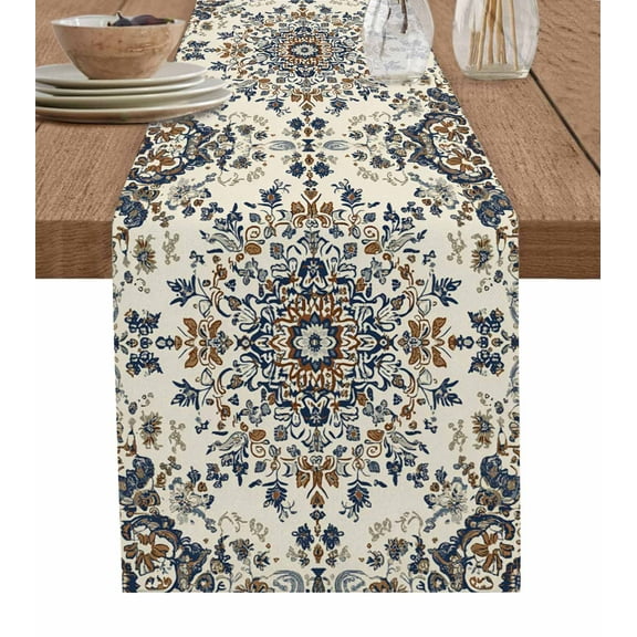 Brown Blue Boho Burlap Cotton Table Runner 13x90 Inches Long, Southwestern Geometric Ethnic Farmhouse Table Runners, Outdoor Dining Tablecloths Decor for Baby Shower/Party/Wedding