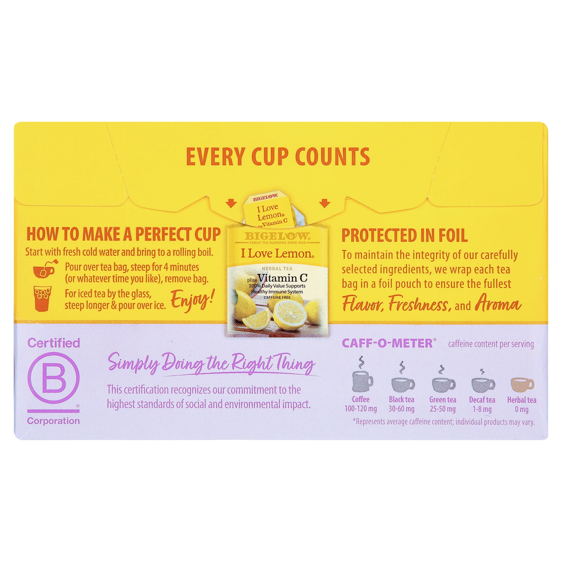 Bigelow I Love Lemon with Vitamin C Herbal Tea, 20 Count, 1.53 oz