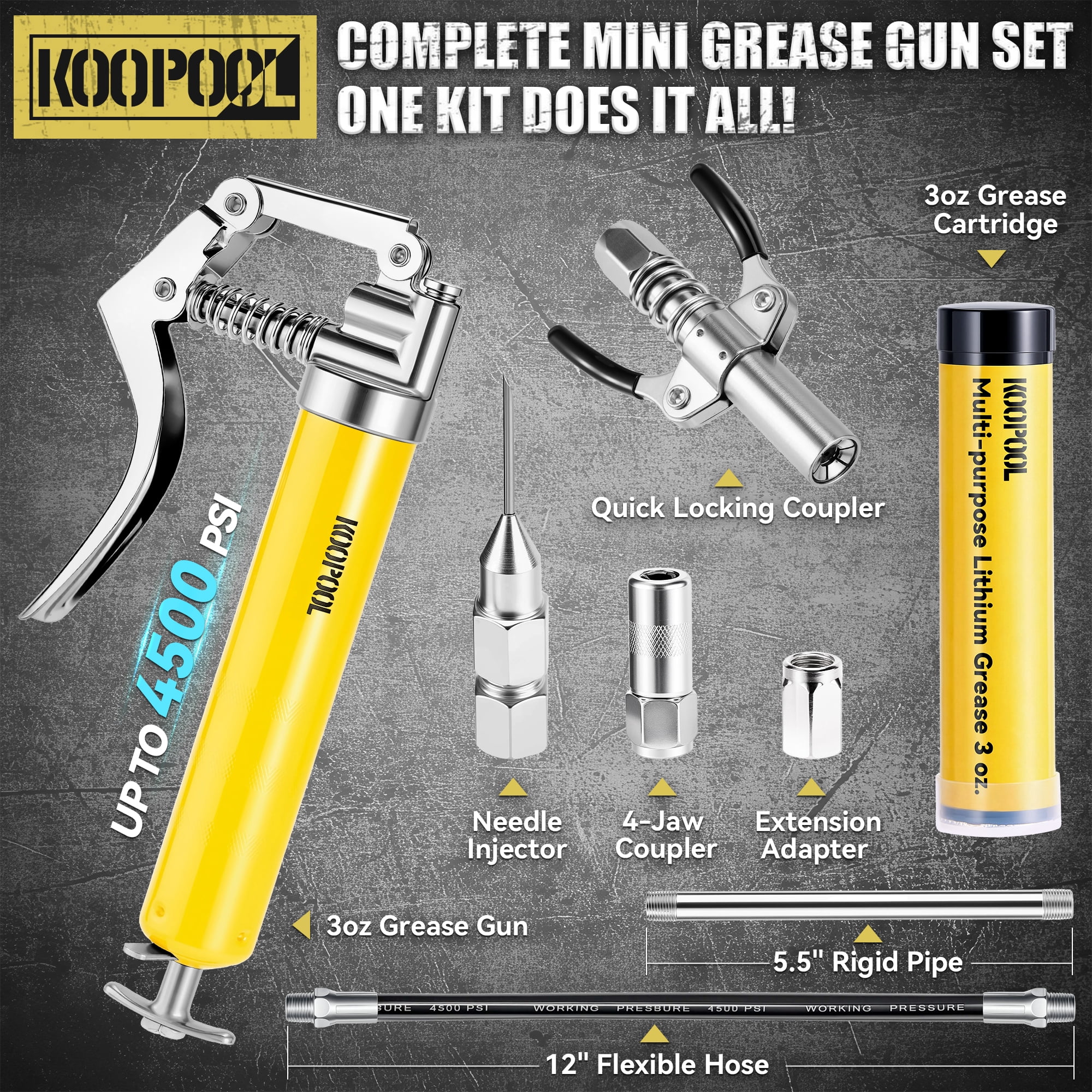Mini Grease Gun Kit 4500 PSI, 3oz Cartridge, Flex Hose & Needle, Leak-Free Coupler