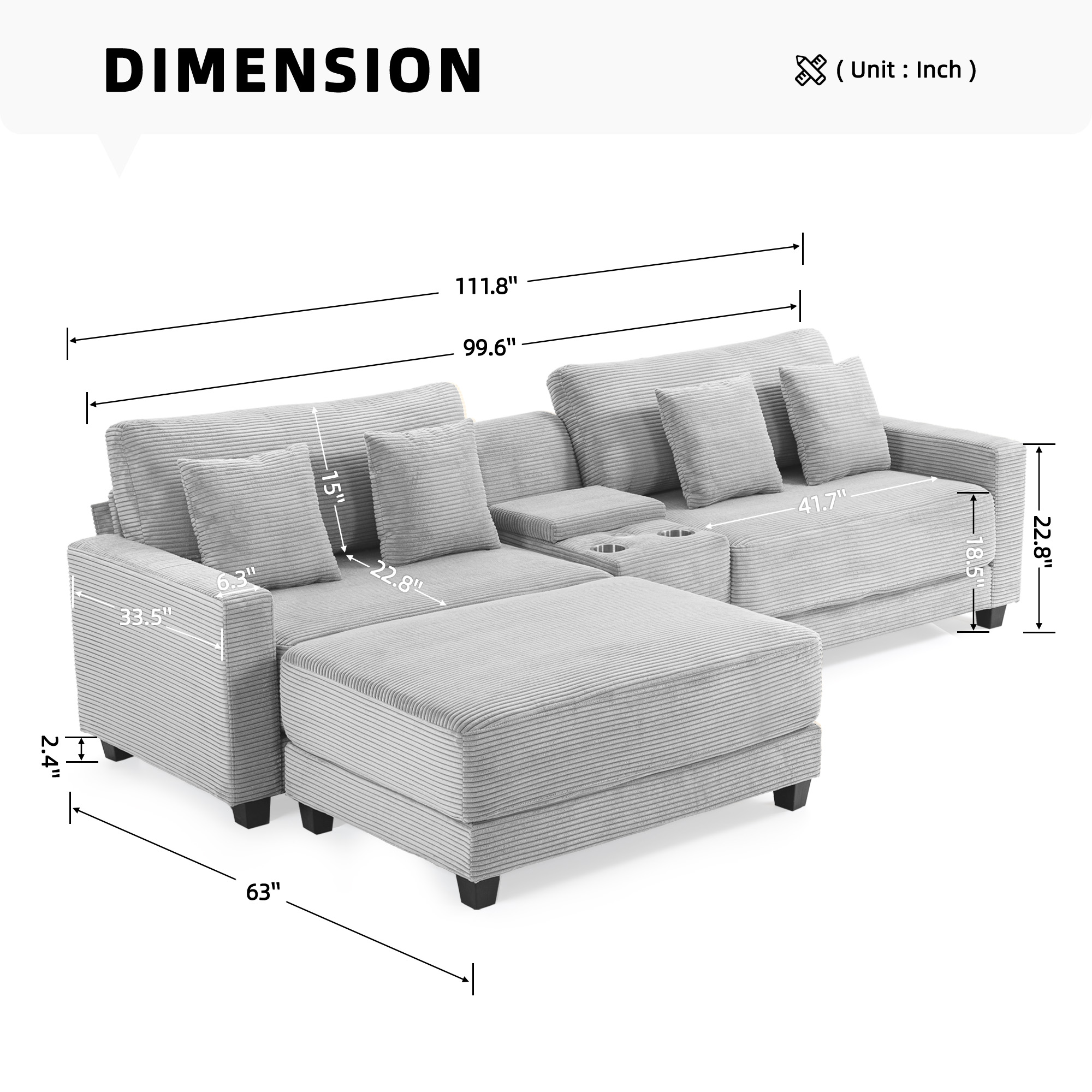 JUSTLET 111.8" Sectional Sofa with Ottoman, L-Shaped Modern Modular Couch, Oversized Corduroy 4 Seat Sofa with Storage Box, USB & TYPE C Port and Two Cup Holders for Living Room, Beige