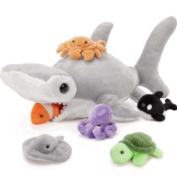 MaoGoLan 7PCS Hammerhead Shark Stuffed Animal 23'' Giant Hammerhead Shark With 6 Sea Animals Bulk Plush Toy