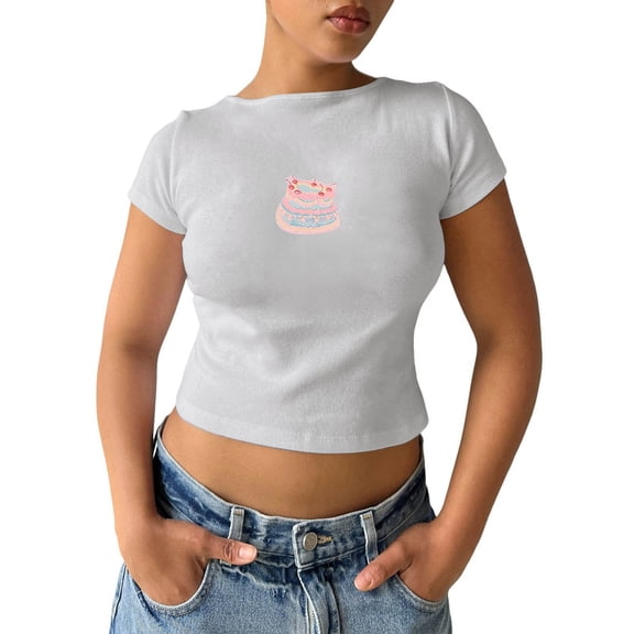 Women Korean Style Printed Round Neck Short Sleeve T Shirt Versatile and Slim Fit Cropped Shirt Vintage Tops