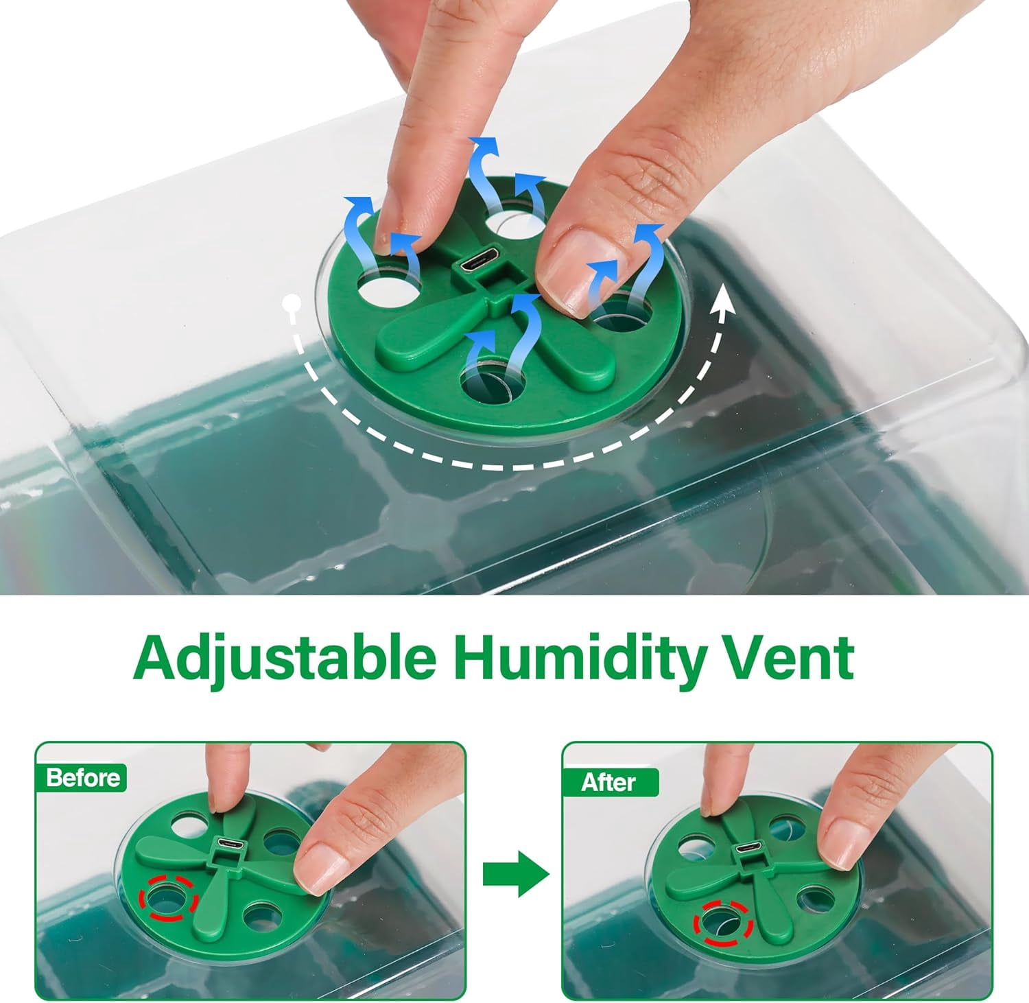 5 Packs Seed Starter Tray with Plant Light, Elevated Seedling Starter Trays Kits with Adjustable Humidity Domes and Clear Cell Tray, 12 Full Spectrum led lamp Beads for Plants Indoor-Green