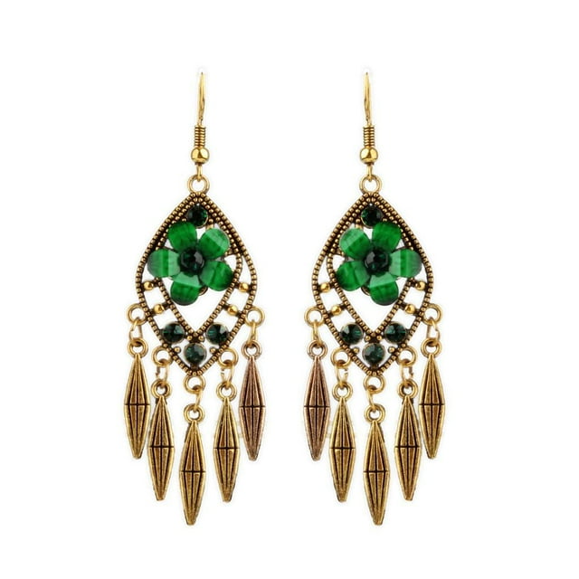 Moda Bohemia Pendientes Colgantes Flor Borla Larga Ganchos para oreja Pernos Prisioneros Joyería Verde