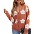 thumbnail image 2 of Women'S Floral Print Cardigan Long Sleeve Open Front Button Down V Neck Knitted Sweaters Orange-Red L, 2 of 7