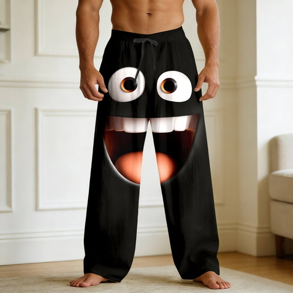 BUWTTED Men's Pants Funny Emoction Print Graphic Elastic Wasit Relaxed Fit Comfortable Straight Leg Leisure Lounge Black Pants L