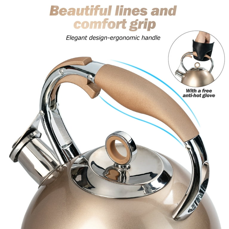SUSTEAS Retro Tea Kettle for Stove Top, 2.64QT Whistling Teapot with  Ergonomic Handle, Silver