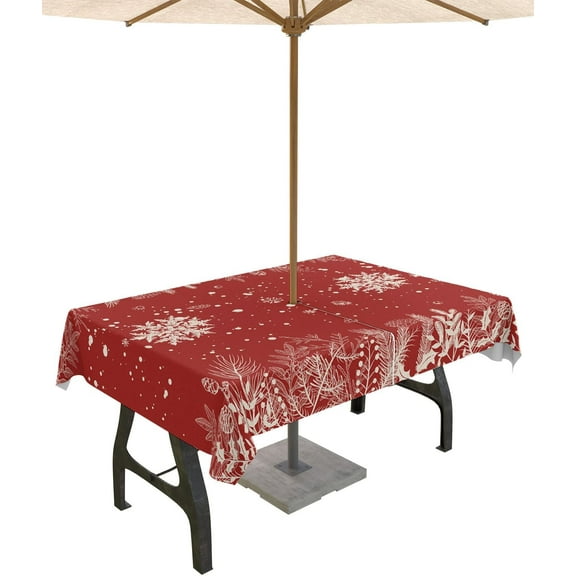 Christmas Outdoor Tablecloth with Umbrella Hole, Waterproof Zippered Table Cloth for Rectangle Tables Snowflake Red Trees Plants Tabletop Collection for Patio, Garden, Picnic, Camping 60 x 102 inch