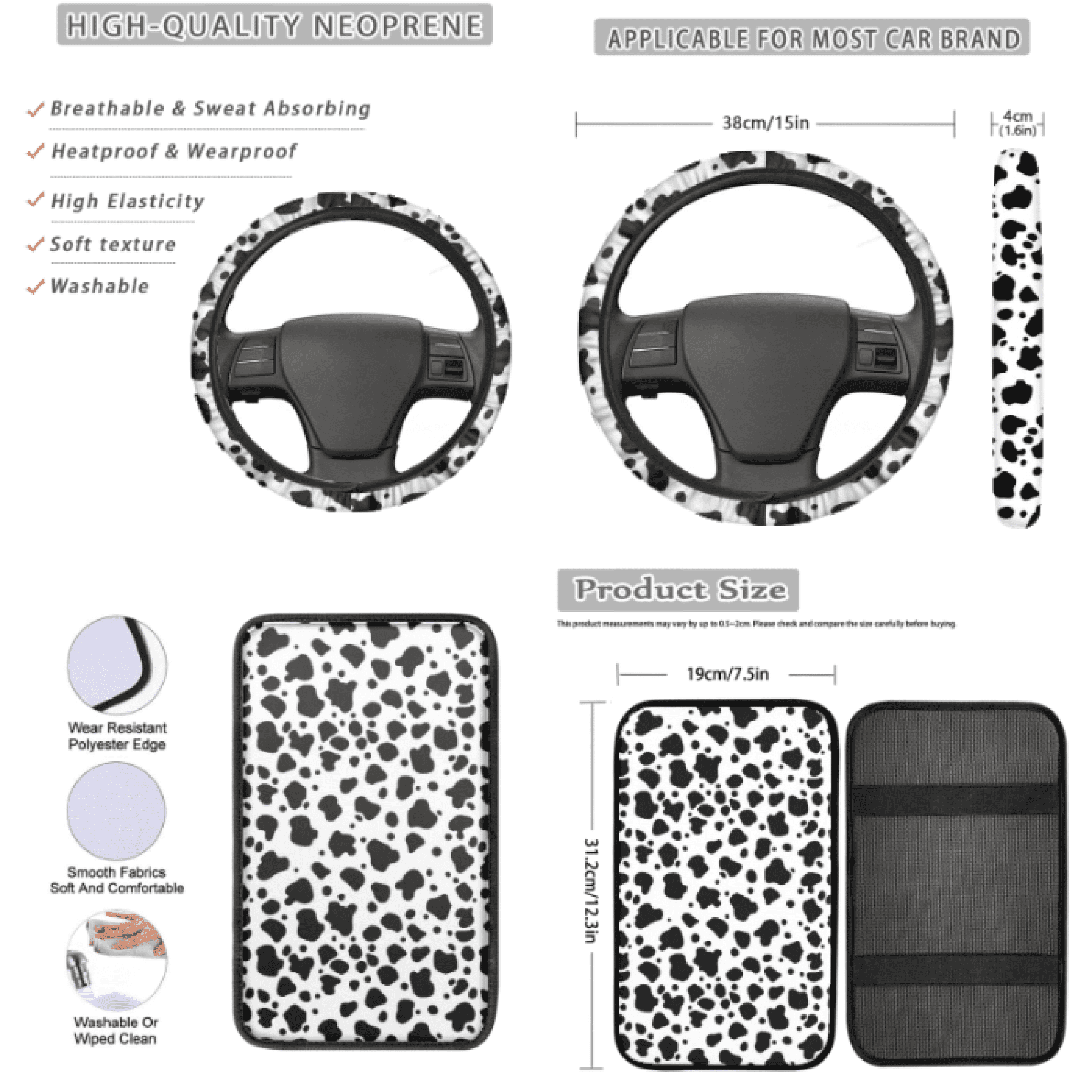 Binienty Black and White Spots Car Seat Cover Full Set, with Keychain Key Ring Car Front Rear Seat Covers Cup Holder Coasters Steering Wheel Cover