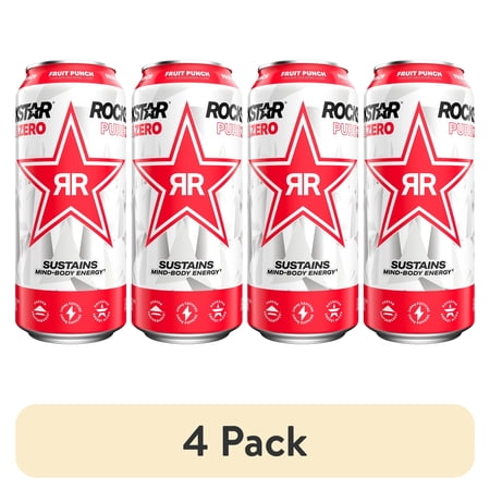 (4 pack) Rockstar Pure Zero Sugar Punched Fruit Punch Energy Drink, 16 oz Can