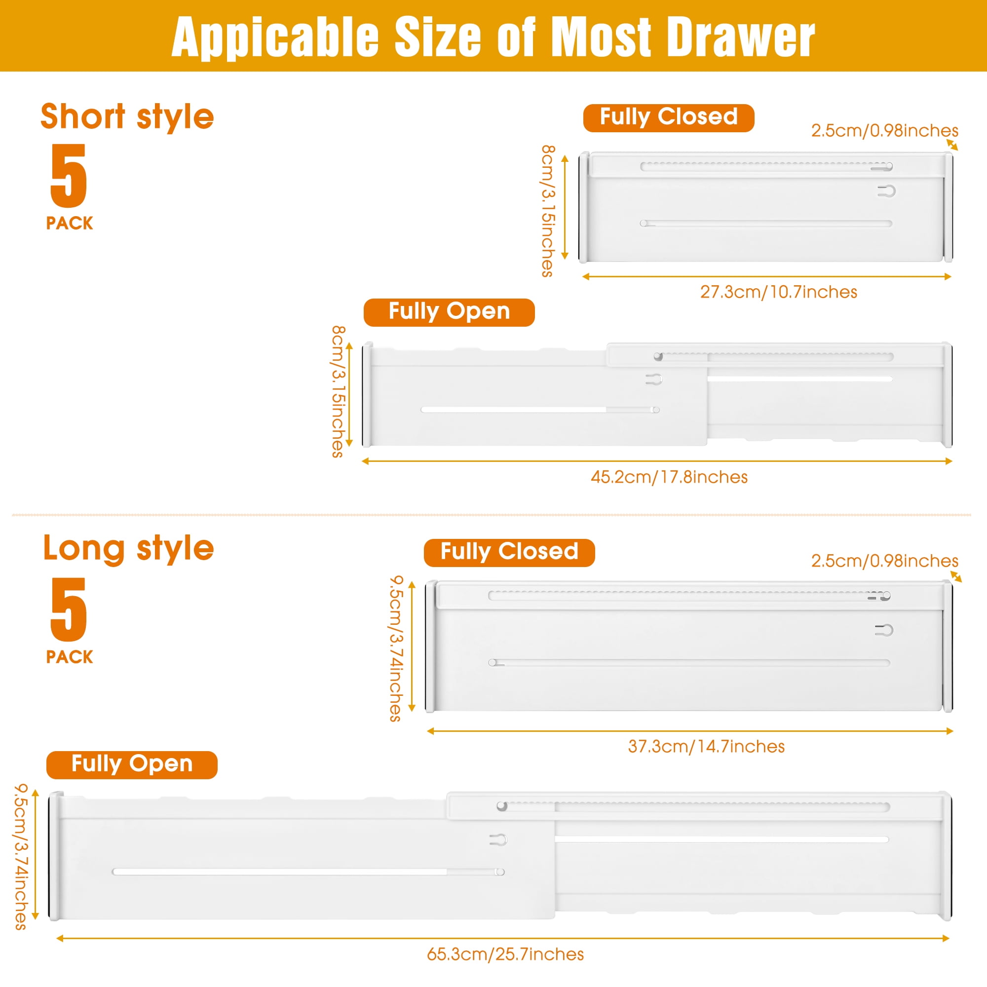 Mimifly 5 Pack Adjustable Drawer Dividers for Clothes, 3.1" High Expandable Dresser Organizers, 10.6"-17.7" Separators with Foam Pads, White