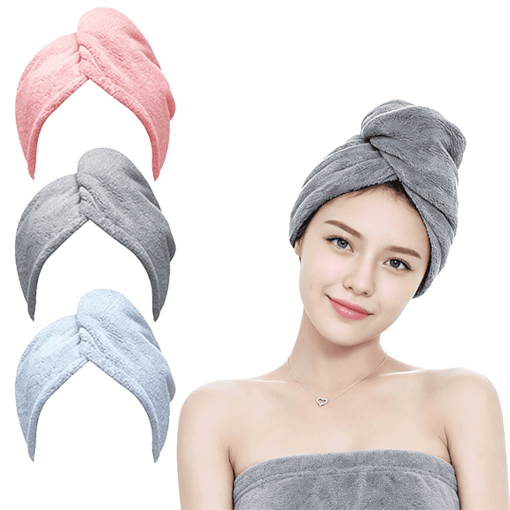 3-Pack Microfiber Hair Towel Turbans – Anti-Frizz Wet Hair Drying Wraps for Curly Hair Women – Blue, Grey, Pink