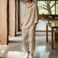 thumbnail image 2 of Mens Summer Outfits Hooded Henley Shirts Matching Lightweight Lounge Pants 2 Piece Linen Sets Beach Vacation Fashion Suit, 2 of 5