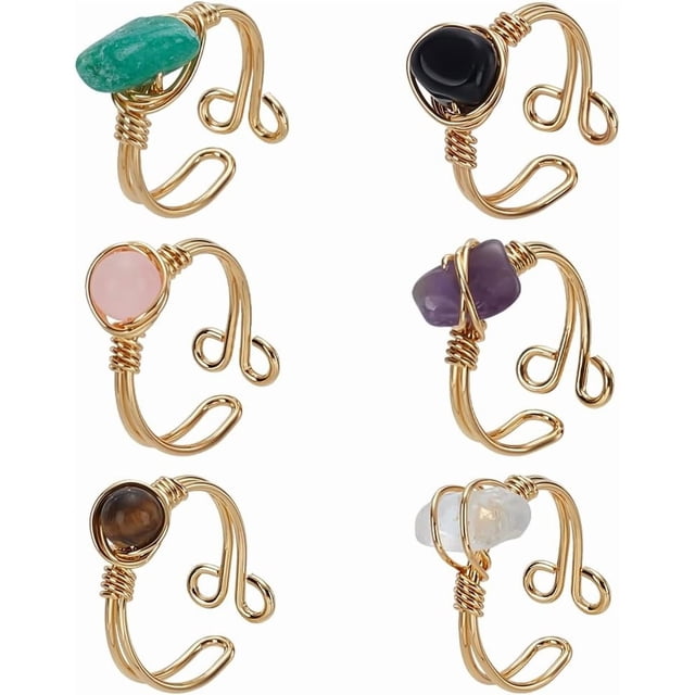 6 anillos ajustables de alambre dorado envuelto, anillos curativos de piedras preciosas irregulares, ágata negra natural, cuarzo rosa, amatista, ojo de tigre.