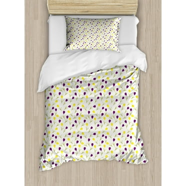 Spring Duvet Cover Set Twin Size, Retro Style Seasonal Design with Contrast Color Little Blossoms, Decorative 2 Piece Bedding Set with 1 Pillow Sham, Purple Yellow and Apple Green, by Ambesonne