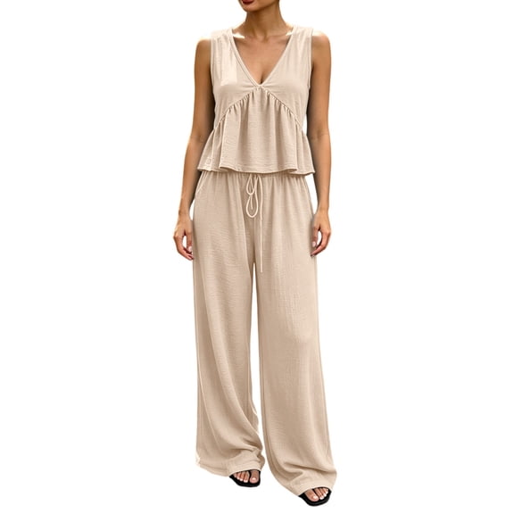 GILIGEGE Women's 2 Piece Outfit,Vintage Distressed Tie-Dye V-Neck Camisole And Pants Set,Ruffle Peplum Vest Wide Leg Pant Suits,Summer Matching Loungewear,Dressy Casual Vacation Outfits Beige L