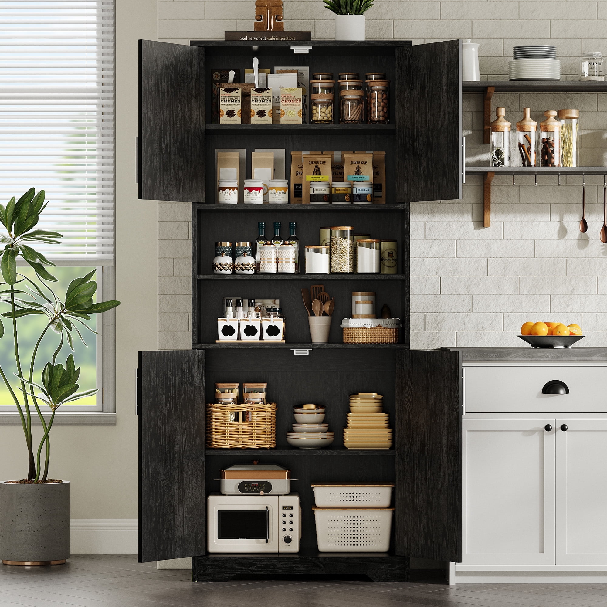 Gaderth 67" Tall Kitchen Pantry Cabinet, Farmhouse Kitchen Pantry Cabinet and Coffee Bar, Adjustable Shelf and Microwave Stand,for Dining Room Storage and Organization