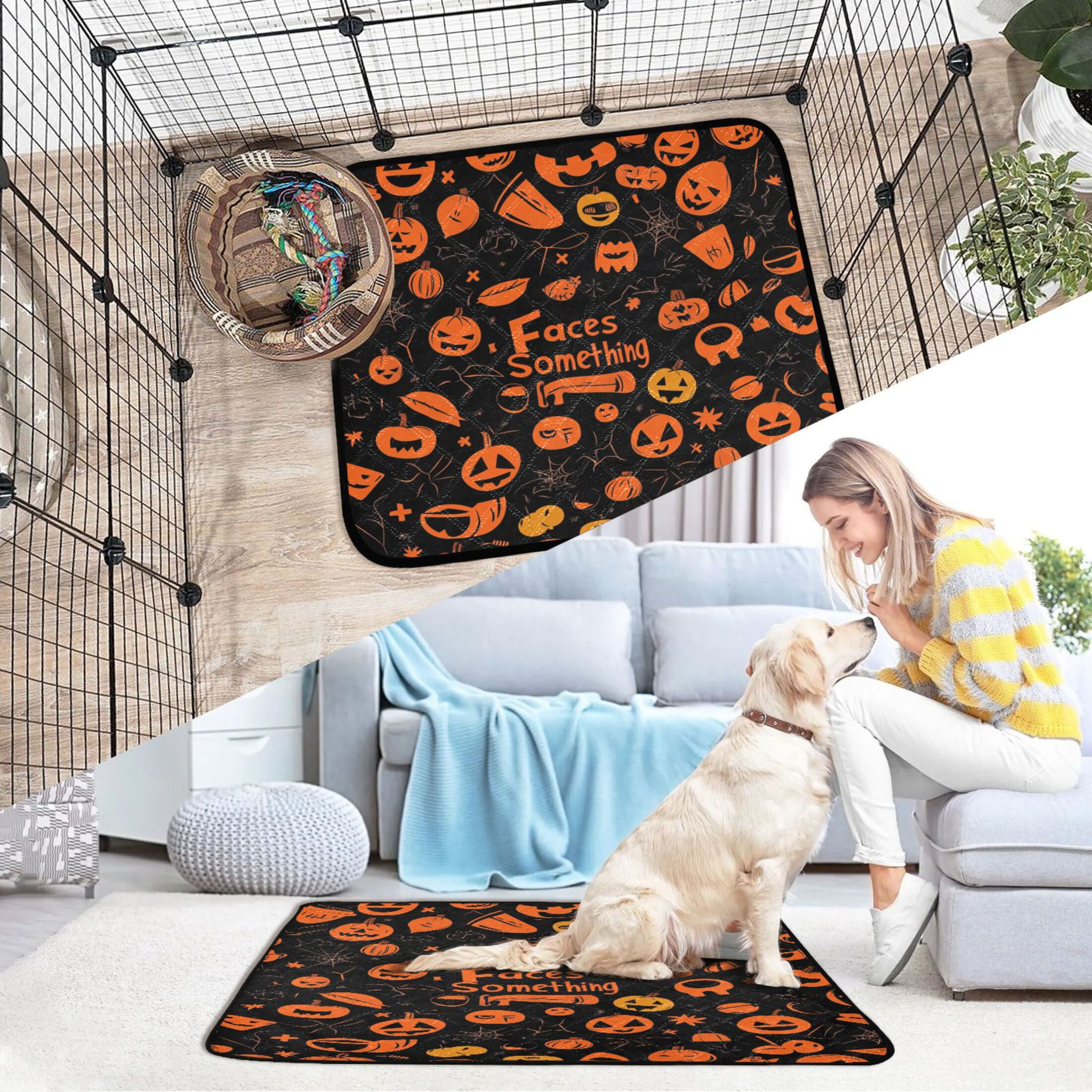 Qxltty Pattern Of Black and Orange Halloween Symbols Cat litter Pads Pet Set of 2 Diaper Mats Center Anti-leakage Layer Absorbent Soft and Comfortable