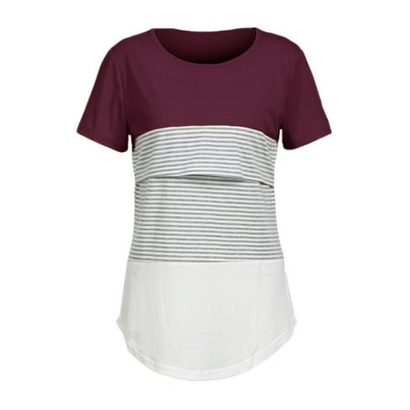 

Maternity Summer Short Sleeve Breastfeeding Clothes Fashion Versatile Stripe Splicing Round Neck T-shirt Casual Loose Pregnant Women s Nursing Top