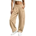 thumbnail image 7 of ZHYou No Boundarie Women's Drawstring Wide Leg Sweatpants Loose Straight Casual Track Baggy Pants with Side Patch Pockets,Khaki,Size S, 7 of 7