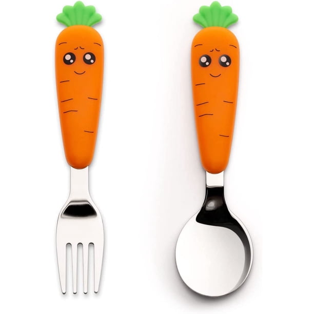 Cuchara y tenedor para niños que se alimentan solos, cubiertos de acero inoxidable para bebés, juego de cubiertos para niños, juego de cubiertos de viaje para mayores de 18 meses