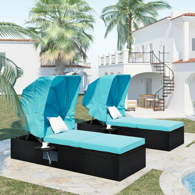 2 Pieces Patio Rattan Chaise Lounge Set with Canopy and Cup Table, Outdoor Cushioned Chaise with Adjustable Backrest, PE Wicker Lounge Furniture Set for Backyard, Poolside, Porch, Garden, Blue, D8755