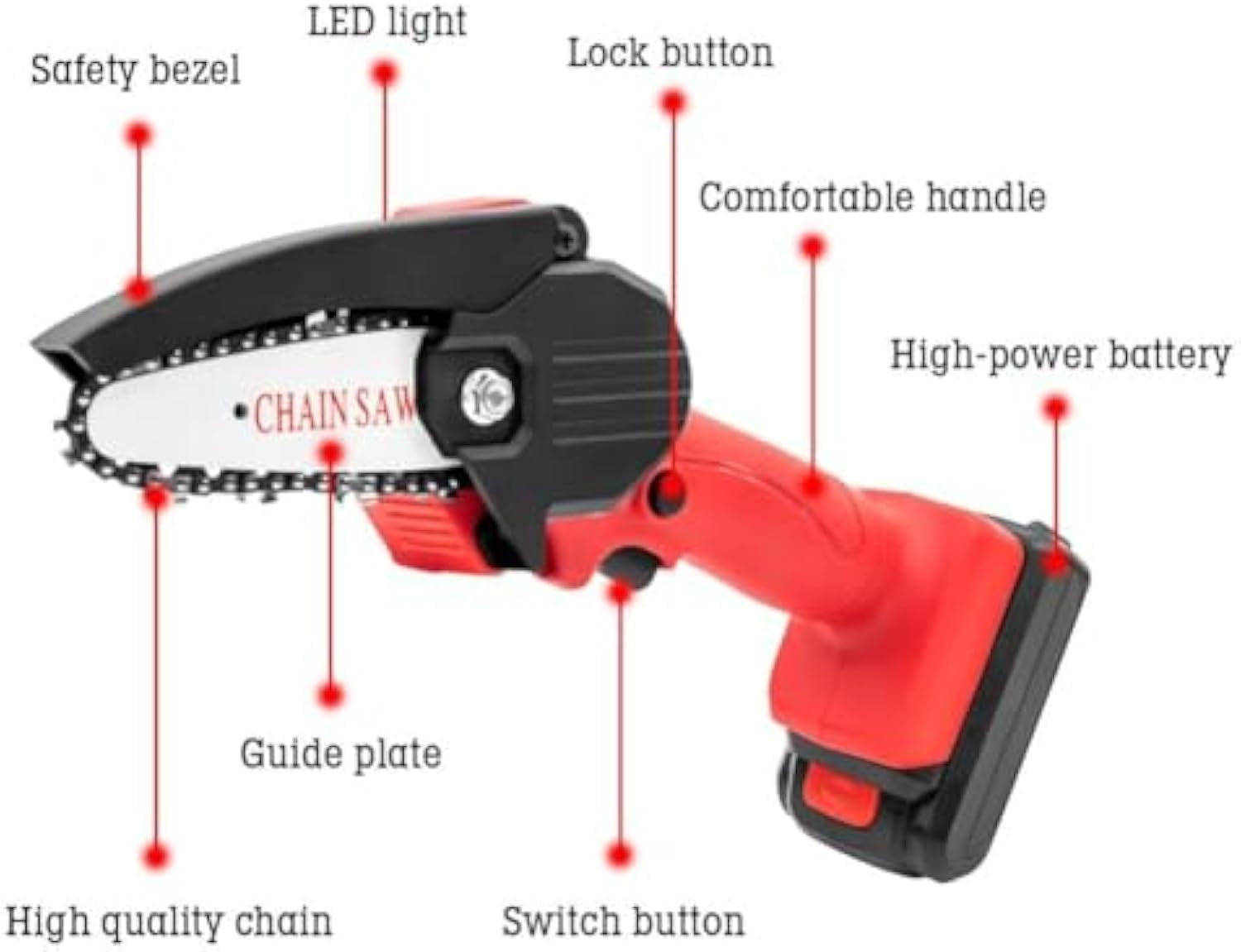 Mini Electric Chainsaw Cordless 4-inch, Portable Electric Chainsaw Cordless with Battery, Handheld Mini Chain Saw, for Wood Cutting Tree Trimming DIY Gardening Camping (Red, 2Battery)