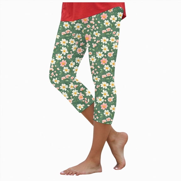 Mnuaqn Women's Summer Elastic High Waisted Floral Capri Leggings Comfy Stretch Slim Knee Length Cropped Yoga Pants (XXL, Green)