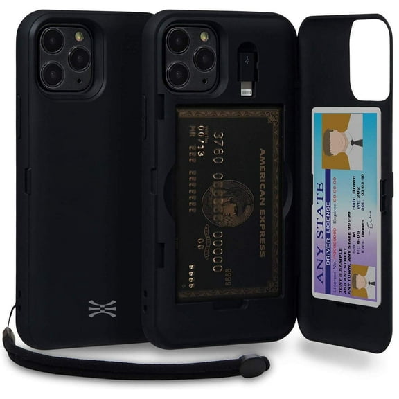 TORU CX PRO Case for iPhone 11 Pro, with Card Holder | Slim Protective Cover with Hidden Credit Cards Wallet Flip Slot Compartment Kickstand | Include Mirror, Wrist Strap, Lightning Adapter - Black