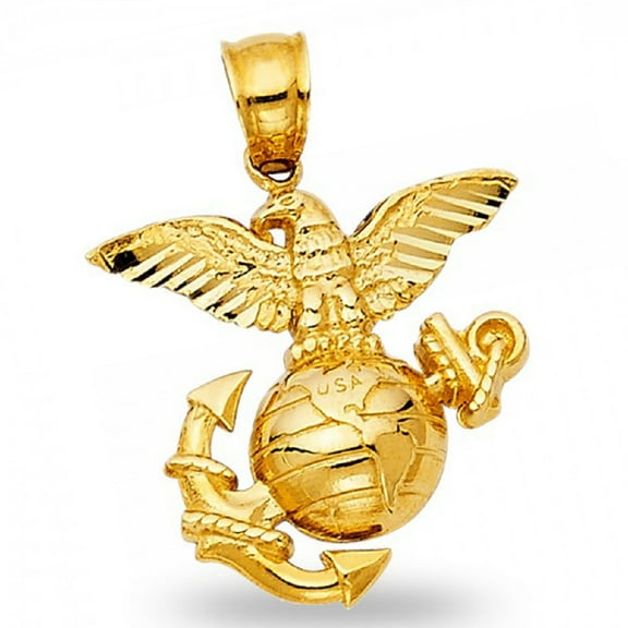 Solid 14k Yellow Gold USA Logo Pendant Marines Emblem Charm Eagle Anchor USA Polished Diamond Cut New 19 mm x 20 mm