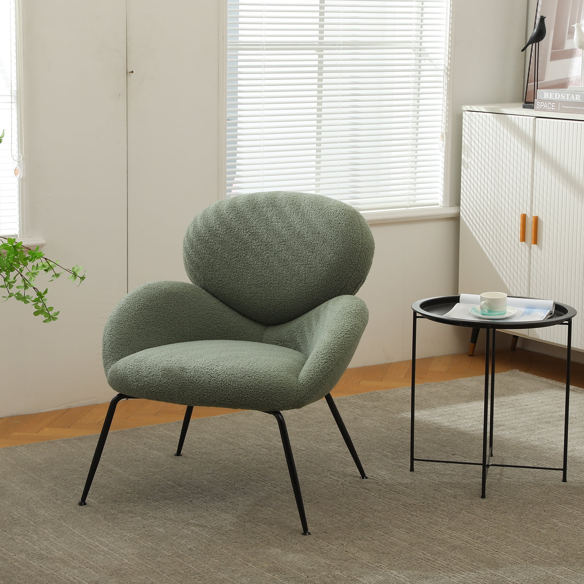 Kadyn Modern Sherpa Armchair with Black Metal Legs, Comfy and Soft Chairs for Bedroom, Light Green