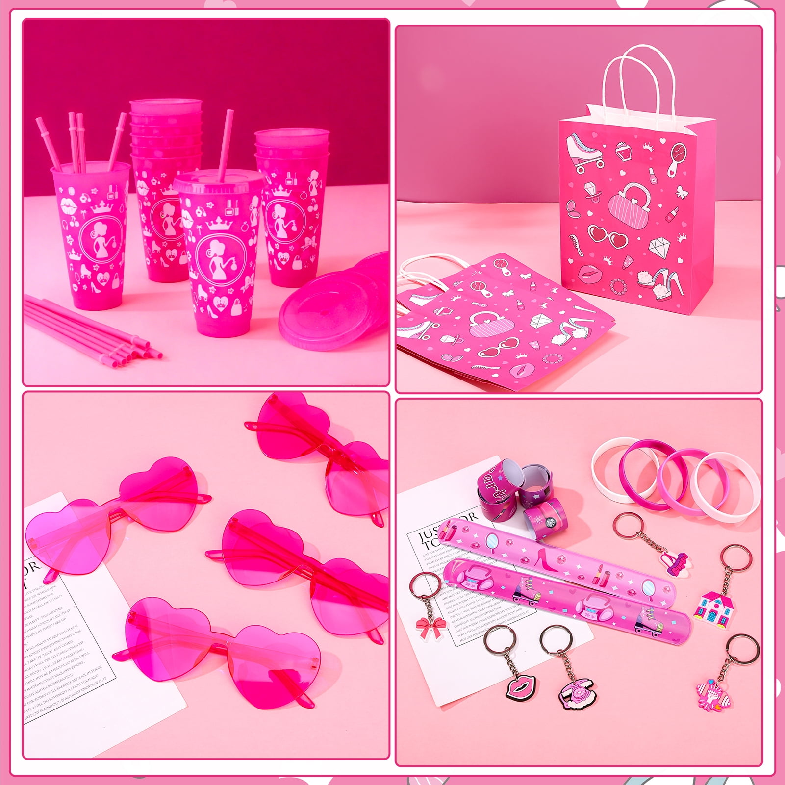 sixwipe 134 Pcs Princess Party Favor Set, Pink Birthday Party Supplies, Treat Box Stuffers Include Customized Plastic Tumblers, Sunglass, Bracelets, Hair Ties for Girl Birthday Supplies