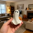 thumbnail image 5 of Halloween Ghost Resin Statue Figurine with Sunglasses Bow and Pumpkin Basket Hand-Painted 3D Sculpted Spooky Ornament for Home Tabletop Shelves Fireplace Display Decor, 5 of 6