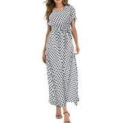 Maxi Dresses for Women Sale Clearance Polka Dot Short Sleeve Summer Dresses with Belt Evening Party Holiday Elegant Ladies Wedding Guest Dress Beach Boho Hawaiian Dress Sundress Long Dresses