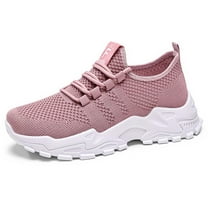 Daznico Women's Wide Fit Fly Weave Sneakers - Breathable Thick-Sole Tennis Shoes with Shock Absorption,Color:Pink,Size:6.5