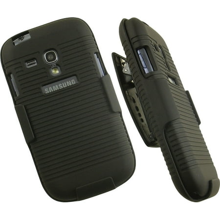 NAKEDCELLPHONE'S BLACK RUBBERIZED RIBBED HARD CASE COVER + BELT CLIP HOLSTER STAND FOR SAMSUNG GALAXY S3 MINI PHONE (I8190N, I8190T, G730A, G730V, I8200N) AND Galaxy S III Mini Value