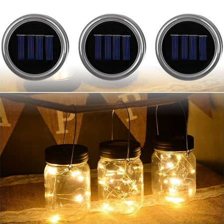 Christmas Tree Lantern (3-pack Solar Powered Mason Jar Lids 10 LED Fairy String Lights Christmas Party Wedding Garden Yard Decoration Tree Jar Lantern Solar Lighting Lamps (Warm)