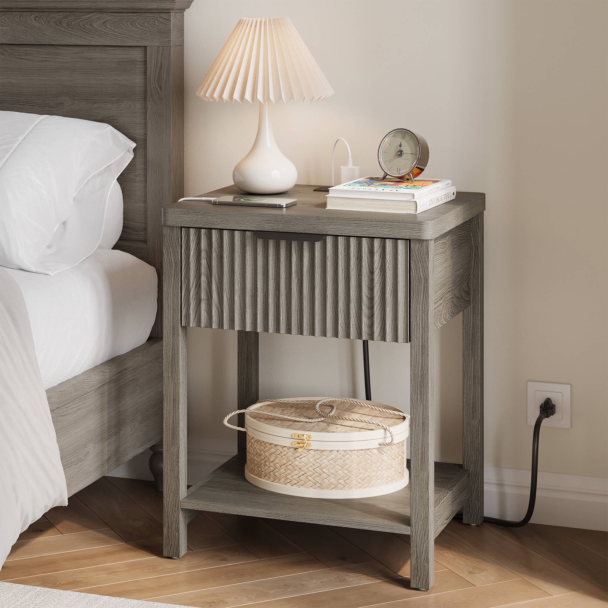 Laintene Fluted Nightstand with Charging Station - Modern Bedside Table with Drawer & Open Shelf, 2 AC Outlets + USB &Type-C for Bedroom & Living Room, Dark Grey Oak