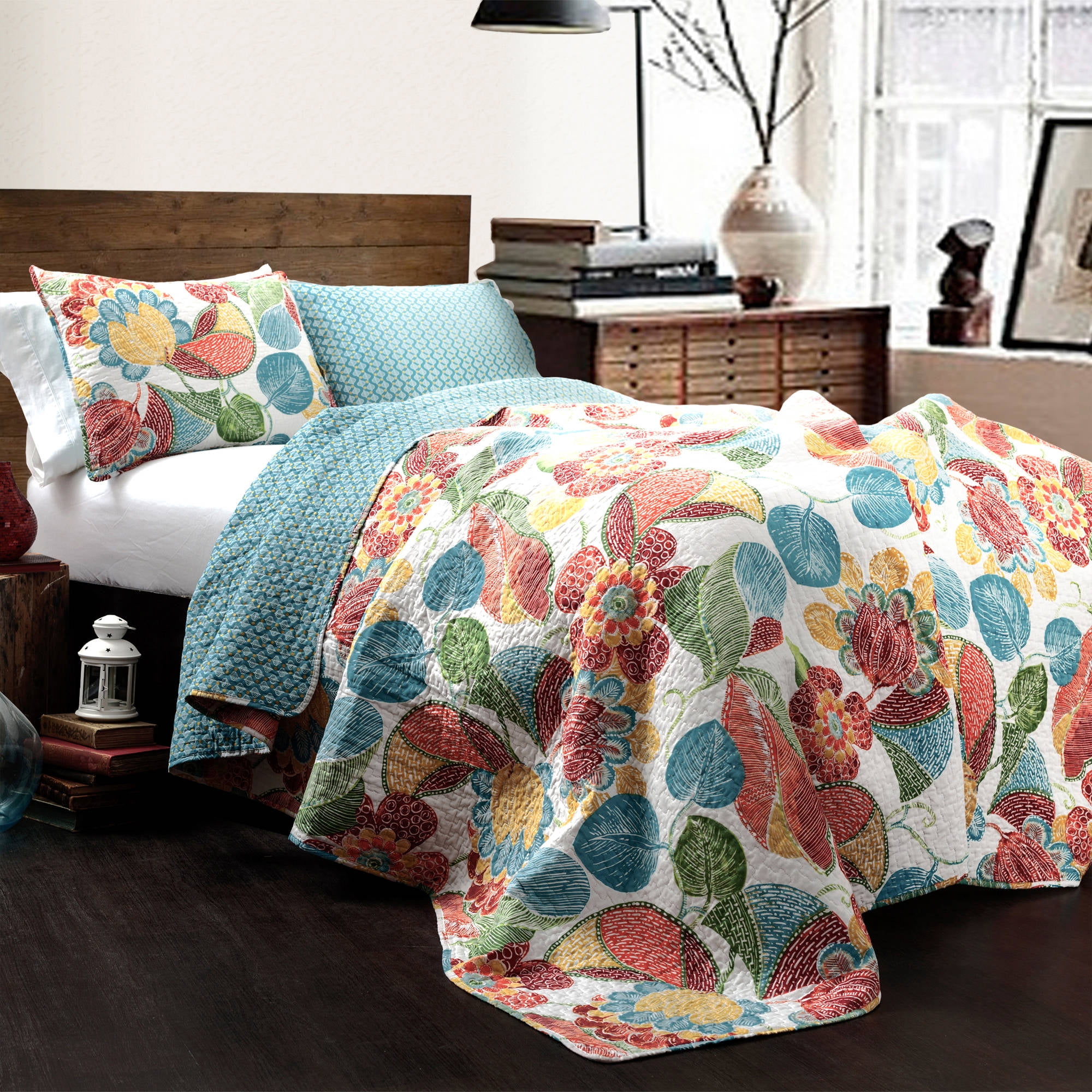 FLOWERS PRINTED REVERSIBLE BEDSPREAD QUILTED SET 3 PCS QUEEN SIZE 