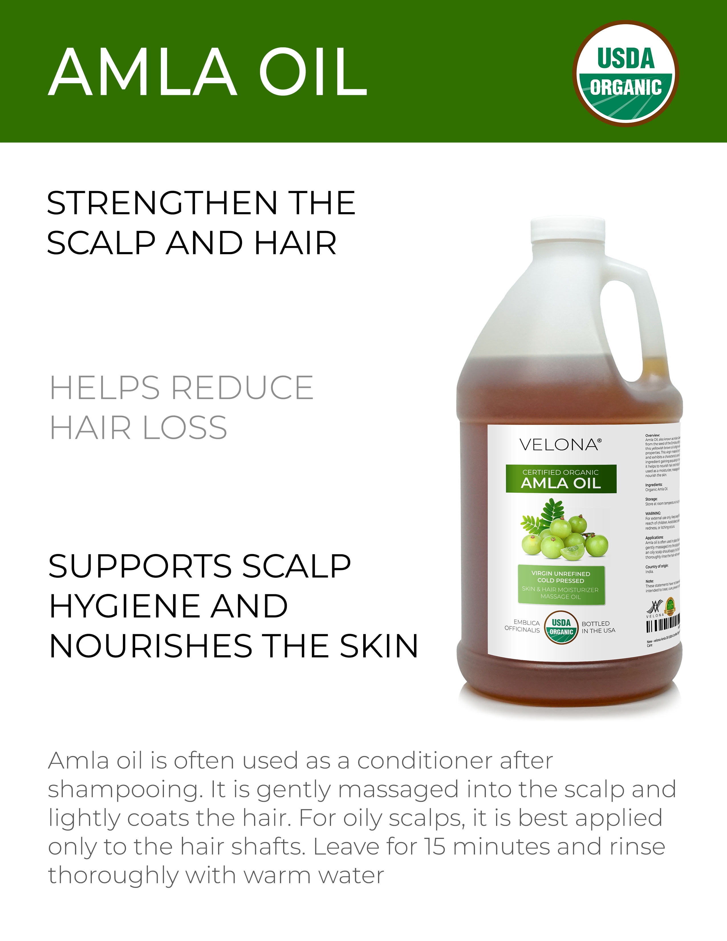 velona Amla Oil USDA Certified Organic - 64 Fl Oz | 100% Pure and Natural Carrier Oil | Extra Virgin, Unrefined, Cold Pressed | Body, Face & Skin Care
