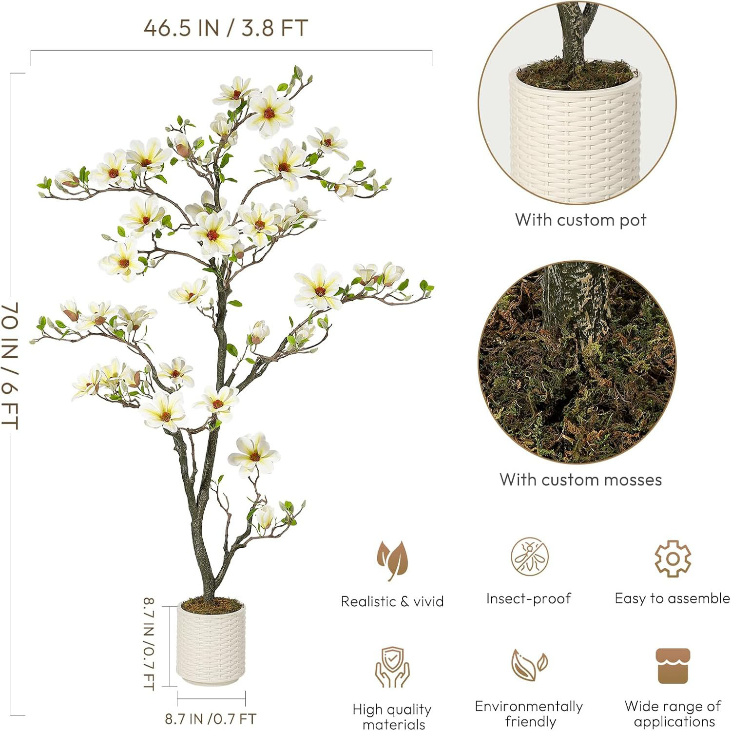 Studyset 4FT Faux Southern Magnolia Plants Yellow Flowered Magnolia for Yard Patio Home Office Arrangement Dr Artificial Magnolia Tree with 66 Realist Touch Flowers 72 Vivid Leaves White Pot Dry Mosse