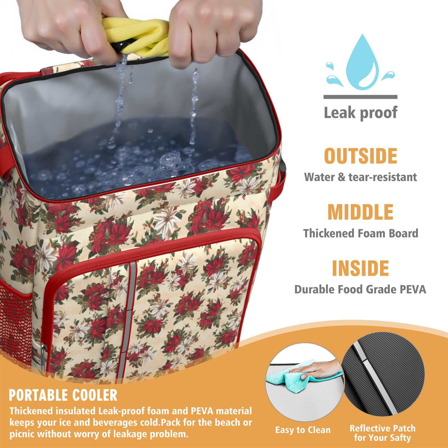 Travel Cooler Bag - Multicolor Christmas Floral Pattern Camping Beer Cooler Backpack with Bottle Opener- Waterproof Insulated Picnic Backpacks - Cooler Bag for Beach