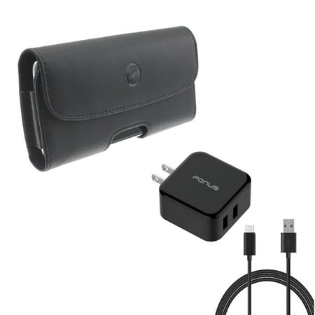 Black Leather Case w 30W 2-Port Adaptive Fast Home USB Quick Charger 6ft Type-C Cable D3Z for Alcatel 7 - Coolpad Legacy - Nokia 3.1 Plus - OnePlus 7 Pro - Samsung Galaxy S10 5G Note9 Note8 A9