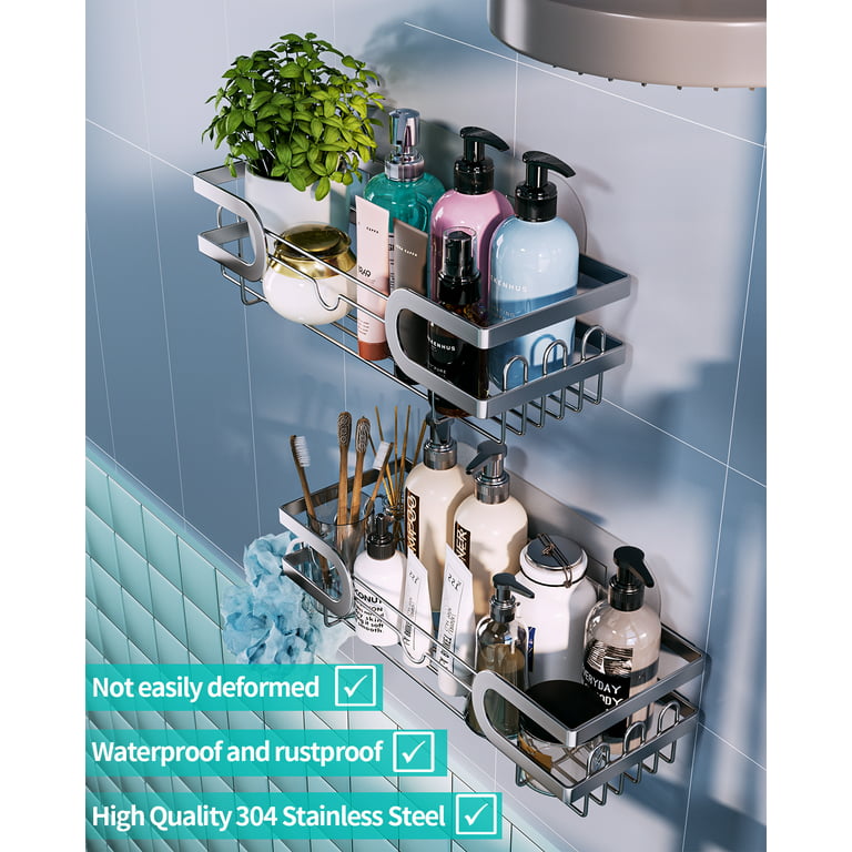 Shower Caddy Bathroom Organizer Shelf: Adhesive Wall Mounted Rack for  Storage - Rustproof Stainless Steel Shower Shelves for Tile Walls (Silver)