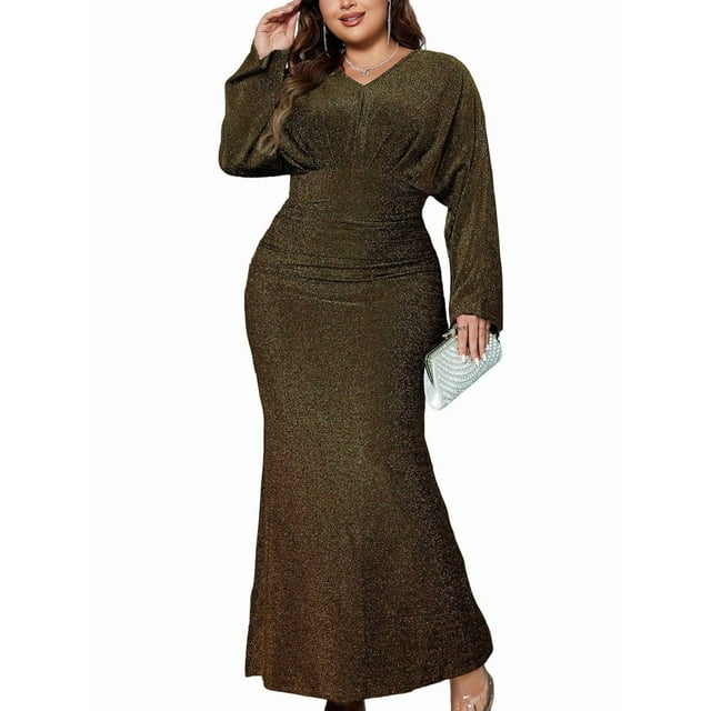 Robe de Soirée pour Femmes, Manches Longues Scintillantes, Col en V, Robe Longue Slim, Robe de Bal Formelle à Sequins, Grande Taille Or TG